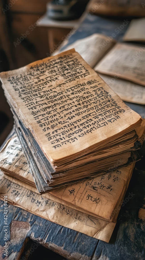 Obraz premium A stack of aged, handwritten books filled with ancient scripts.
