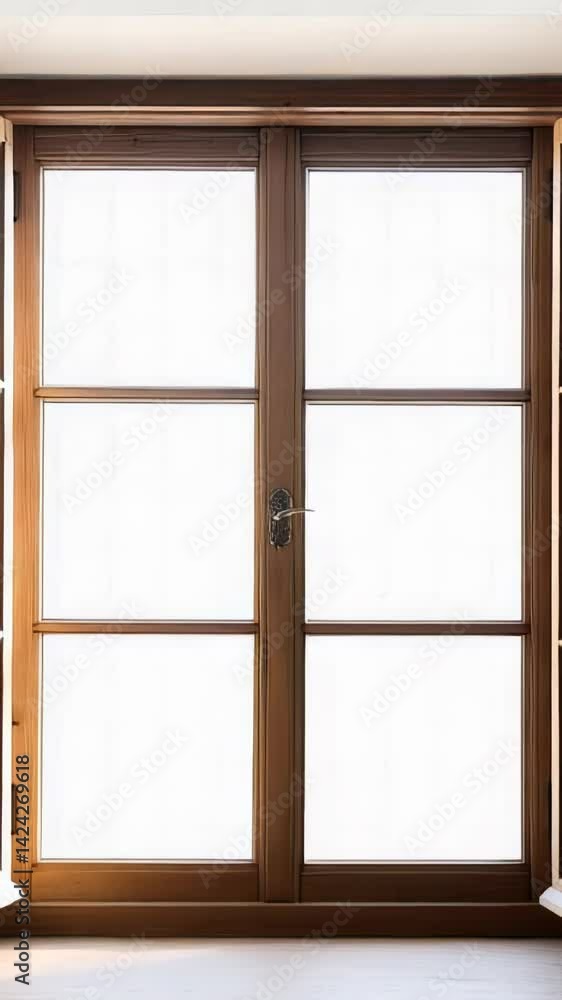 Elegant wooden double doors open to a soft and bright atmosphere in a cozy indoor setting Elegant wooden double doors open to a soft and bright atmosphere in a cozy indoor setting