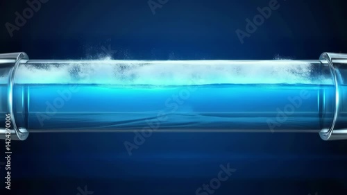 Close-up of a transparent tube filled with blue water and white bubbles, illuminated against a dark background