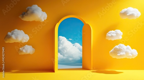 Yellow Room with Open Archway Reveals Blue Sky and White Clouds, Conceptual Design