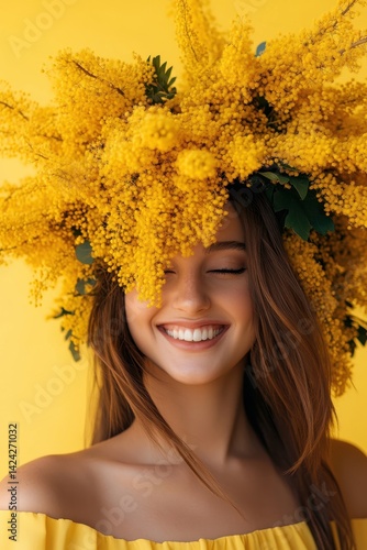 Joyful Spring: Smiling Woman with Yellow Floral Crown