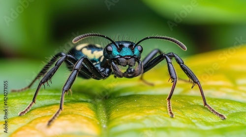 Wallpaper Mural Close-up of a vibrant ant on a leaf.  A striking black and teal insect with yellow markings.  Detailed view of its intricate body parts and mandibles Torontodigital.ca