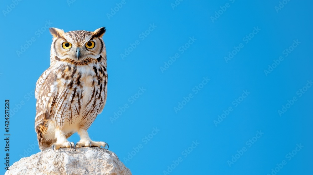 Owl Perched on Rock Against Clear Blue Sky Owl Perched on Rock Against Clear Blue Sky