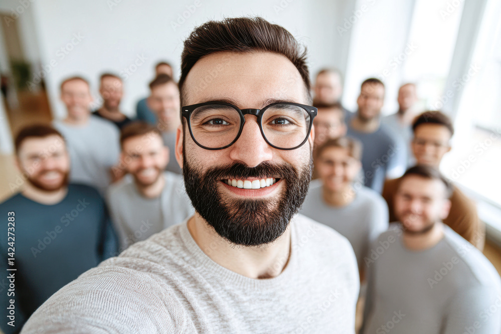 A group of smiling men gather together for a cheerful photo, showcasing camaraderie and friendship. A group of smiling men gather together for a cheerful photo, showcasing camaraderie and friendship.