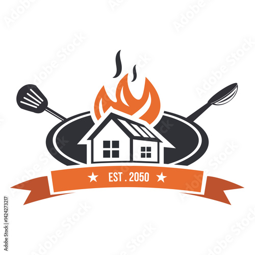 Restaurant Modern Home Cooking Logo with Fire Flame