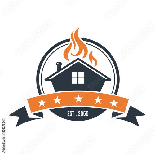 Restaurant House Fire Logo With Stars And Ribbon Design