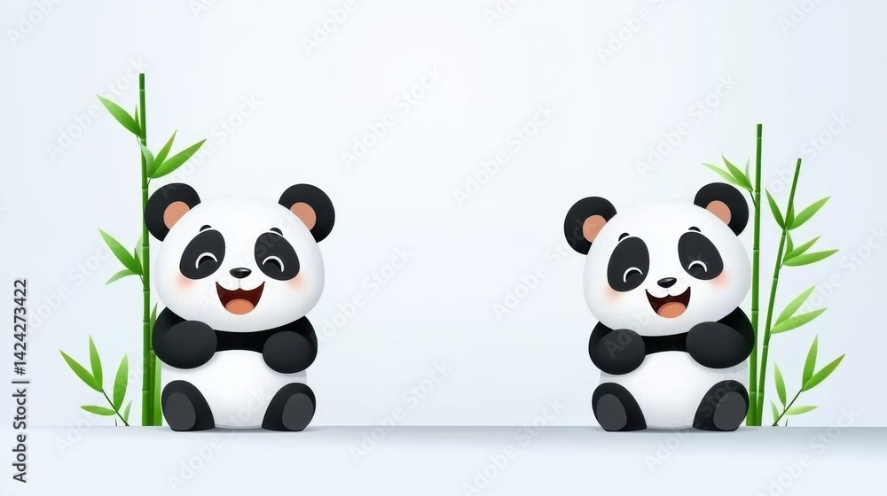 Naklejka premium Cute Panda Bears with Bamboo