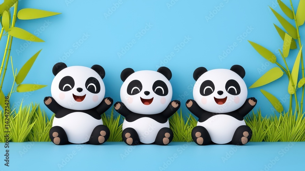 Obraz premium Cute Panda Bears Cartoon 3D Render