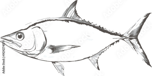 Vector art shows a black sketch drawing of a fish, a wildlife animal from the sea