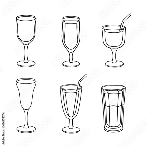 A vector set features silhouettes of various glassware including a wineglass, martini glass, and beer cup, representing a drinks collection for bar or restaurant design