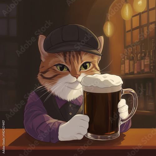 Stylish cat in a cap holding dark beer at cozy vintage bar
