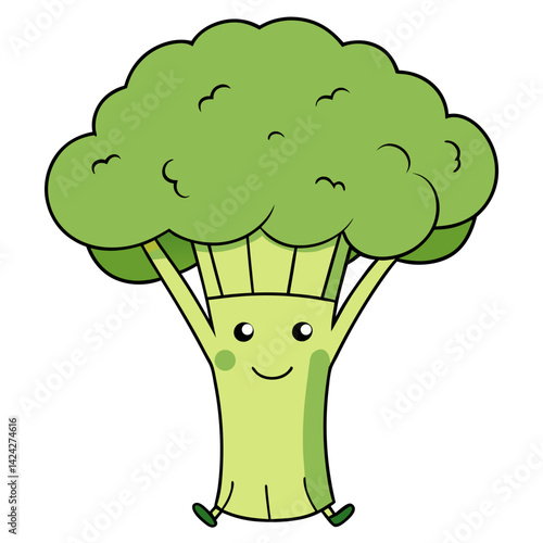 Cheerful Cartoon Broccoli Character with Smiling Face and Outstretched Arms