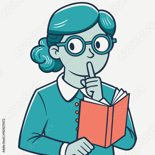 Cartoon Librarian Holding a Book with a Quiet Gesture