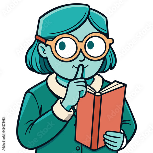Cartoon Librarian Holding a Book with a Quiet Gesture