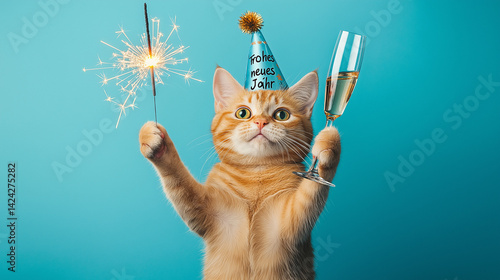 Happy New Year Card – Cute Cat with Sparkler and Champagne on Turquoise Background