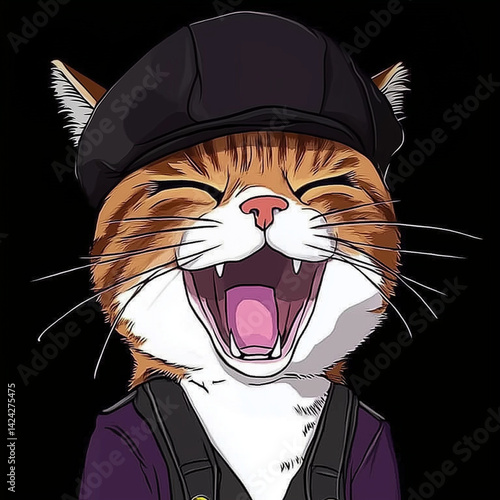 Laughing cat in a cap with open mouth on black background
