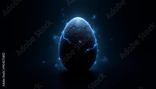 glowing cracked egg with electric blue light emanating from it, symbolizing potential