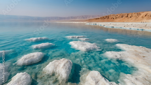 Incredibly beautiful seaside of the dead sea with blue water and white crystals of salt near.selective focus