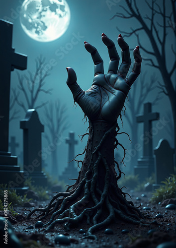 Eerie zombie hand emerging from grave, haunting atmosphere