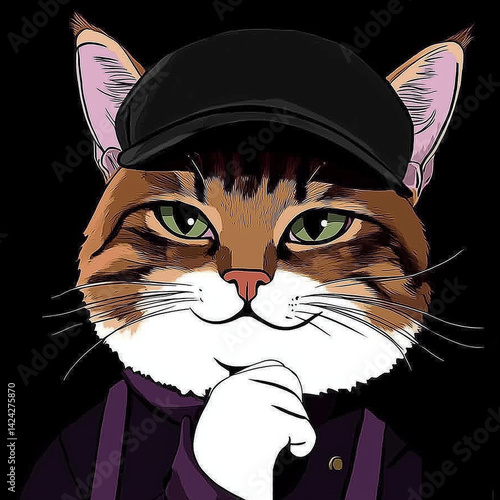 Thinking cat in a cap with hand on chin against black background
