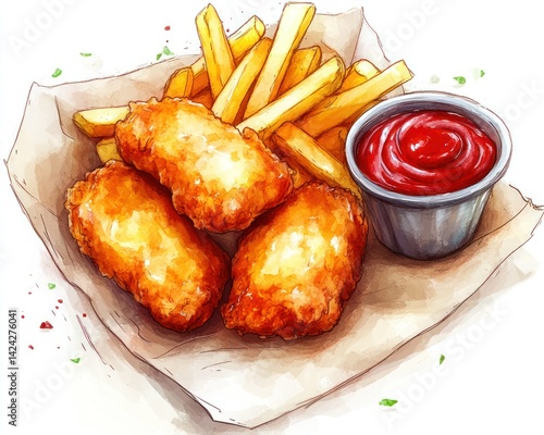 Nuggets and fries with ketchup on parchment paper