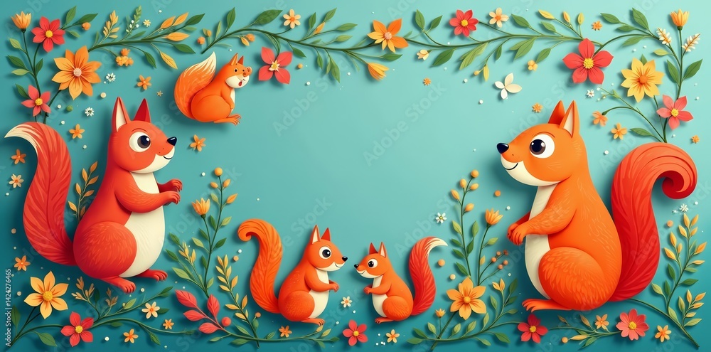 Obraz premium Whimsical squirrel pattern in paper cut style, perfect for crafts and backgrounds, Squirrel, seamless, craft