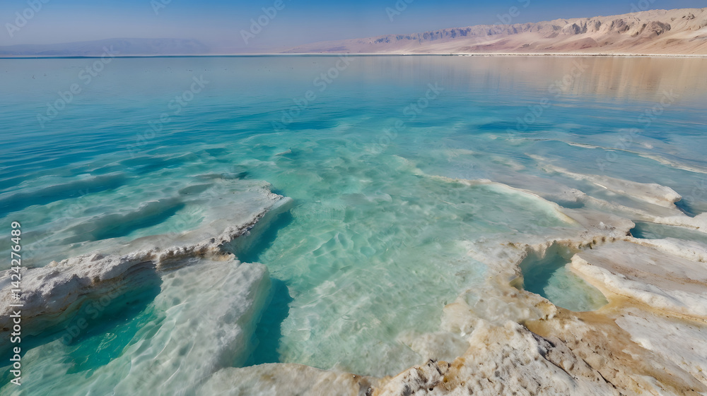 Incredibly beautiful seaside of the dead sea with blue water and white crystals of salt near.selective focus