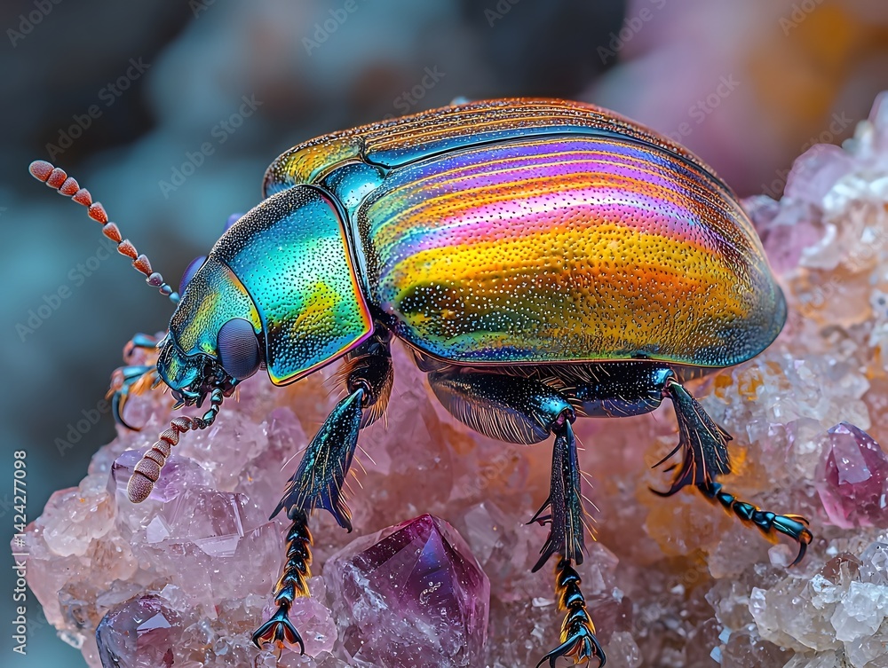 Vibrant scarab beetle crawling on a luminous gemstone Vibrant scarab beetle crawling on a luminous gemstone
