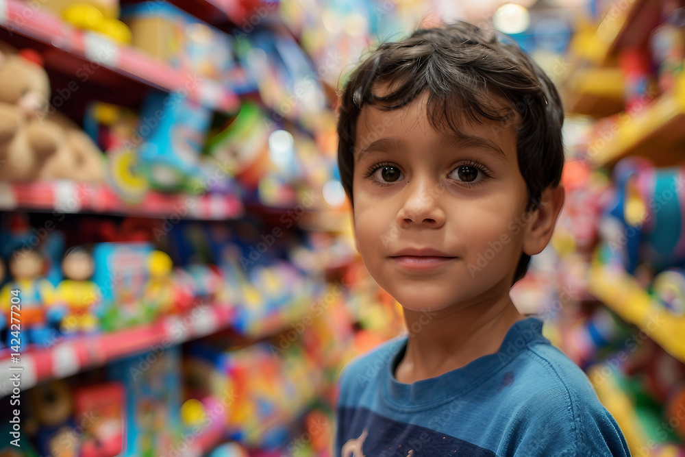 Generative AI image of a cheerful child enjoying a visit to a colorful toy store Generative AI image of a cheerful child enjoying a visit to a colorful toy store