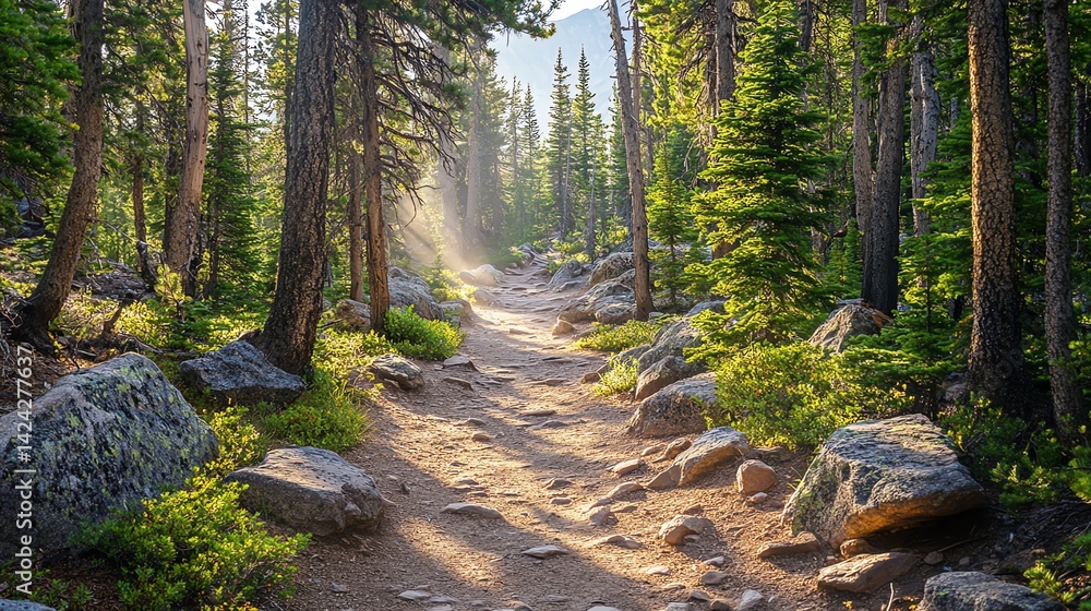 Obraz premium Hiking Trail Through Dense Forest with Sunlight Streaming Through the Trees