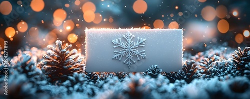 Minimalist snowflake shaped gift card on a frosty winter backdrop
