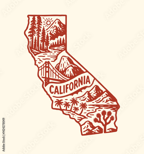 California State Landmark Map Sticker, Illustration Badge Design