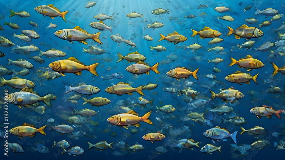 Scad jamb under water / sea ecosystem, large school of fish on a blue background, abstract fish alive