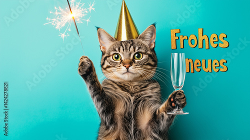 Happy New Year Card – Cute Cat with Sparkler and Champagne on Turquoise Background
