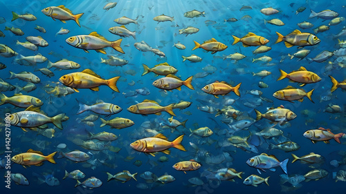 Scad jamb under water / sea ecosystem, large school of fish on a blue background, abstract fish alive