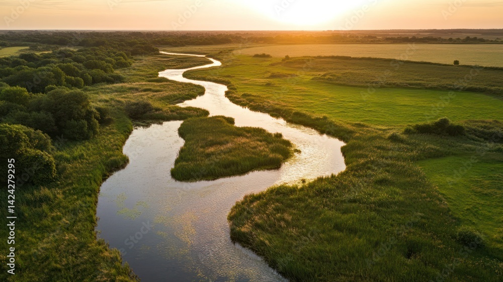 Aerial View of Winding River Through Green Fields at Sunset, Nature Scene Aerial View of Winding River Through Green Fields at Sunset, Nature Scene