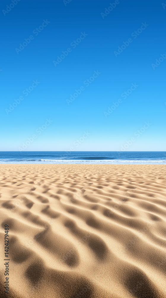 Sandy Beach Under the Blue Sky: Gentle ripples of sand stretch towards the azure horizon where the clear blue sky embraces the tranquil ocean, perfect for evoking peace and serenity. Sandy Beach Under the Blue Sky: Gentle ripples of sand stretch towards the azure horizon where the clear blue sky embraces the tranquil ocean, perfect for evoking peace and serenity.