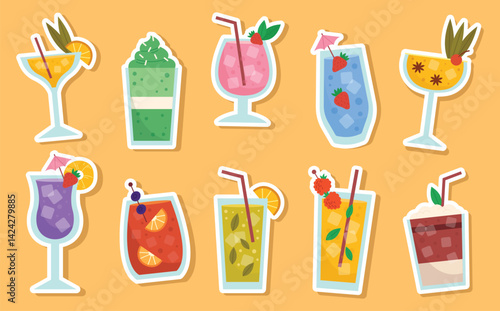 Set of cute summer drink stickers with fruit elements. Smoothies, lemonades, and cocktails in soft pastel tones. Ideal for planners, digital scrapbooking, social media and packaging.