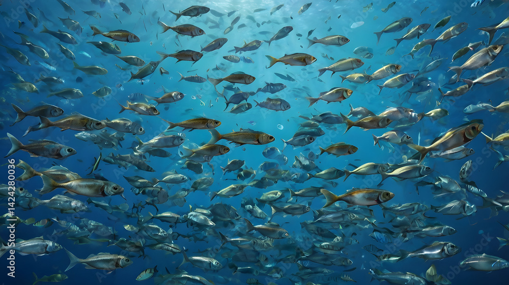 Scad jamb under water / sea ecosystem, large school of fish on a blue background, abstract fish alive