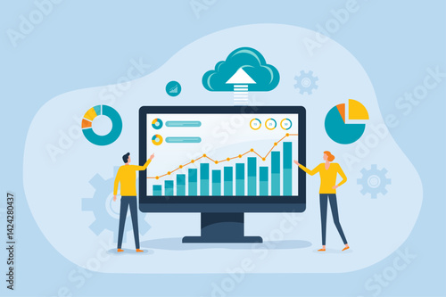 business data analytics design. people marketing team working. business finance investment concept. report graph information analysis. flat vector illustration.