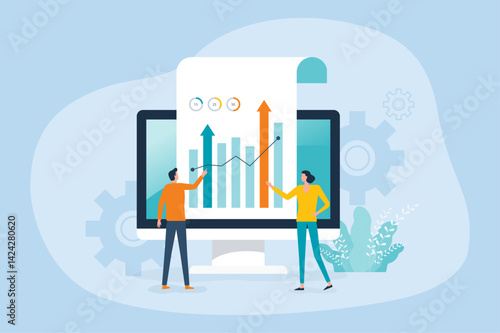 flat vector illustration business data analytics design. people marketing team working. business finance investment concept. graph information document analysis