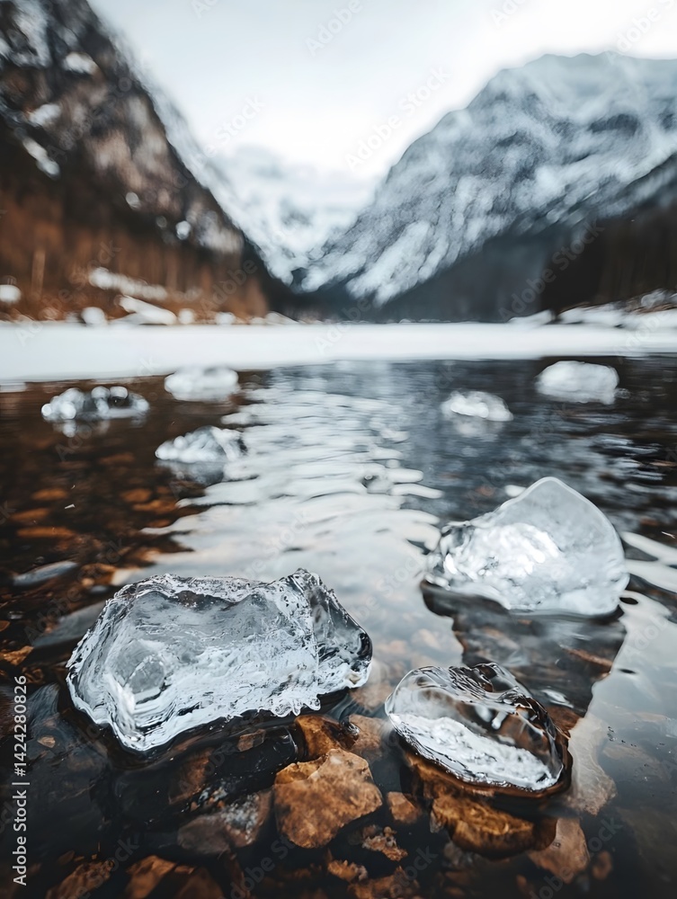 The blue ice layer melted by glaciers in spring and the thawed lake surface The blue ice layer melted by glaciers in spring and the thawed lake surface