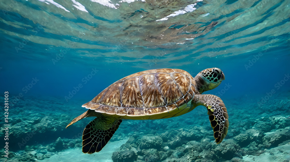 Blue sea turtle swimming undersea