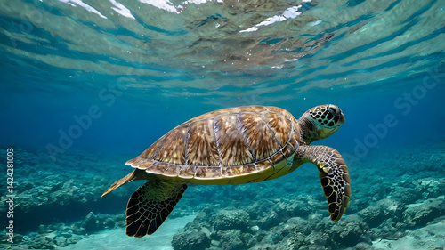 Obraz na płótnie Blue sea turtle swimming undersea w salonie