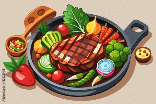 American food concept Grilled beef steak with grilled vegetables, with carrots, cherry tomatoes, broccoli, in a cast iron pan.
