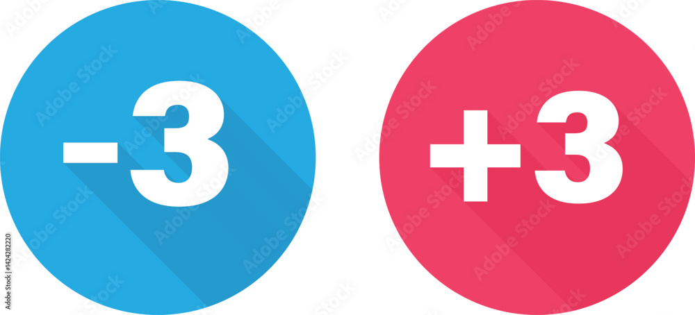 Minus 3 and Plus 3 Circular Icons Displaying in Red and Blue with Long Shadow. Minus 3 and Plus 3 Circular Icons Displaying in Red and Blue with Long Shadow.