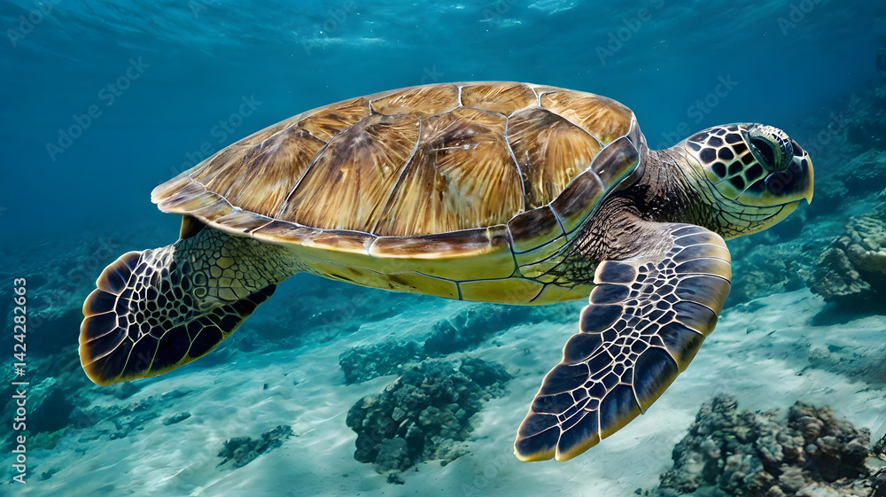 Blue sea turtle swimming undersea