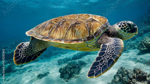 Obraz na płótnie Blue sea turtle swimming undersea w salonie