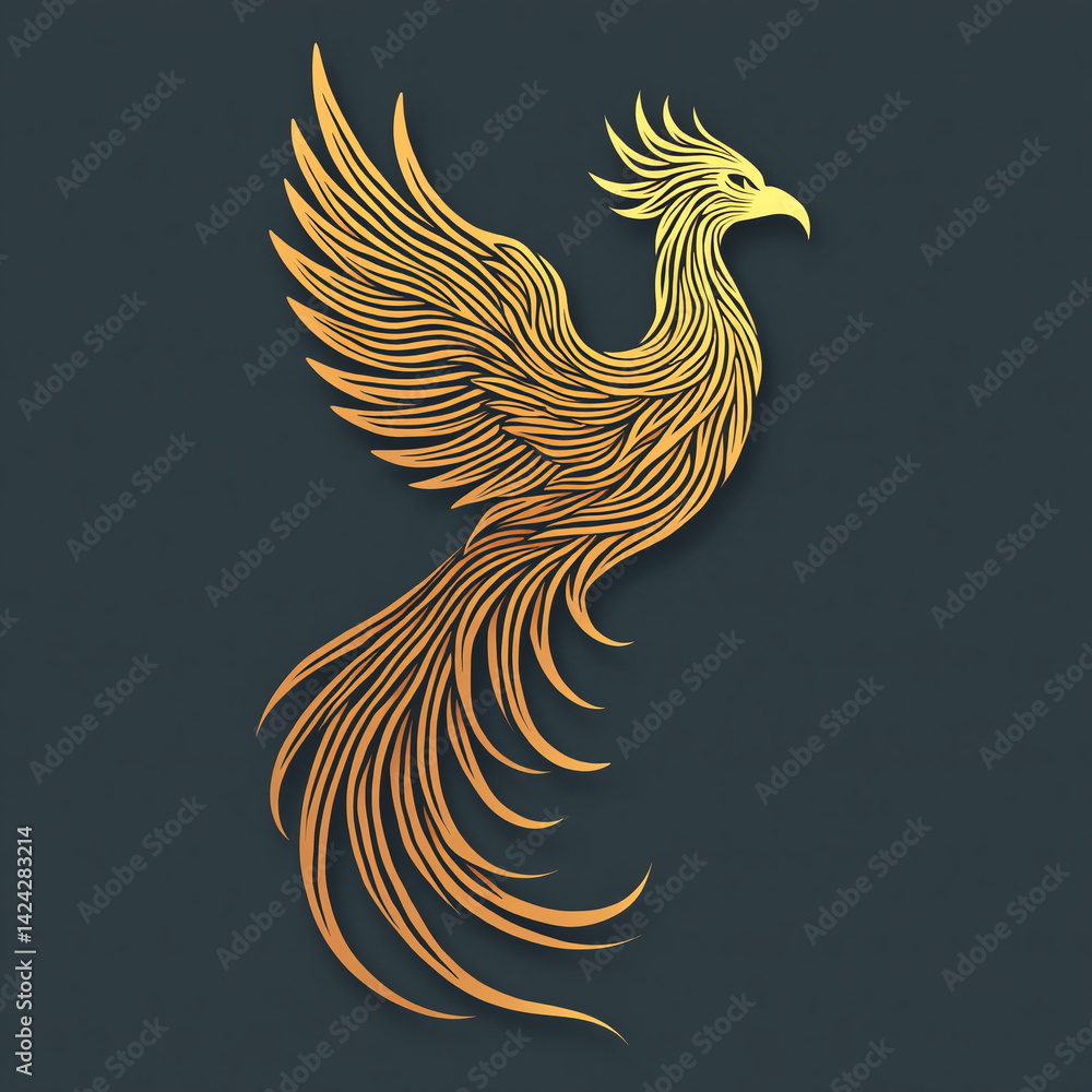 Fototapeta premium Elegant golden phoenix with flowing feathers, minimalist design