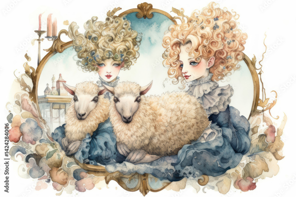 A charming watercolor illustration in a vintage fairy tale style. The image shows two young girls with doll-like faces,